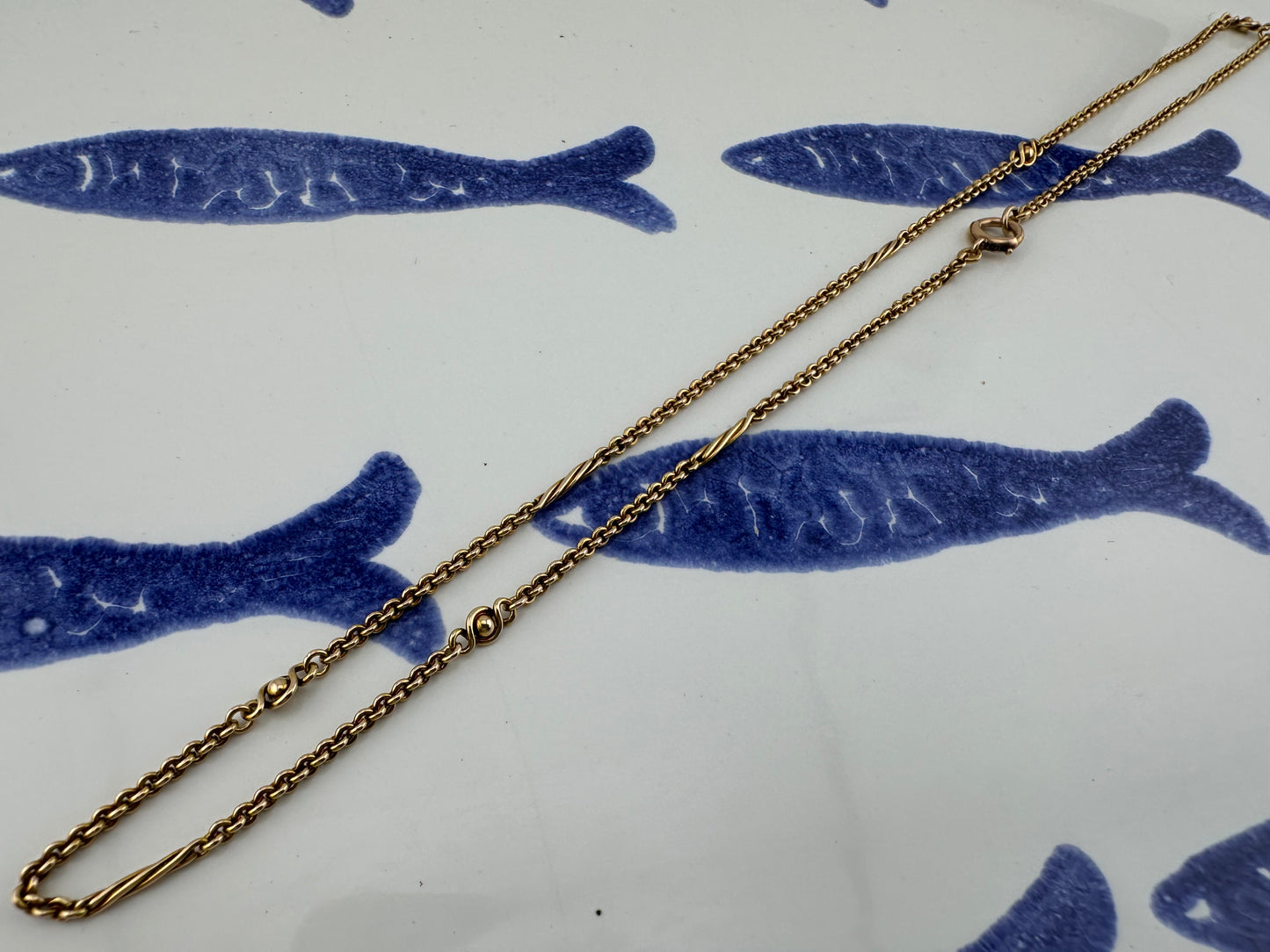 Antique 15ct Rose Gold Cable chain with Infinity Ball links and twisted bar links, plus a bolt clasp. 7.71g