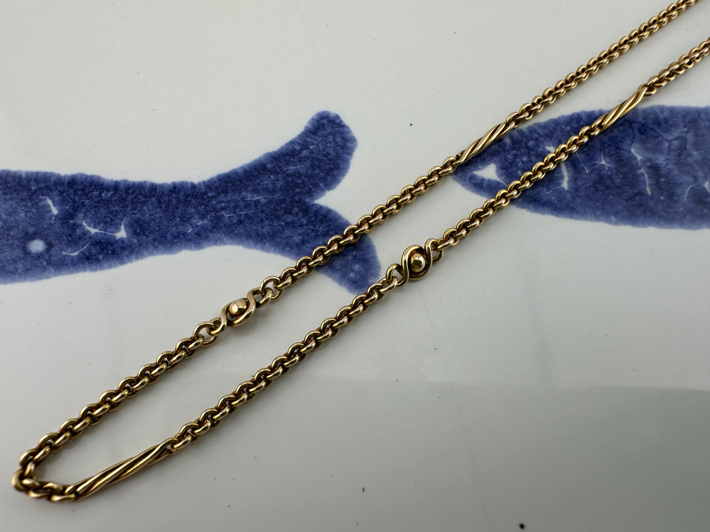 Antique 15ct Rose Gold Cable chain with Infinity Ball links and twisted bar links, plus a bolt clasp. 7.71g