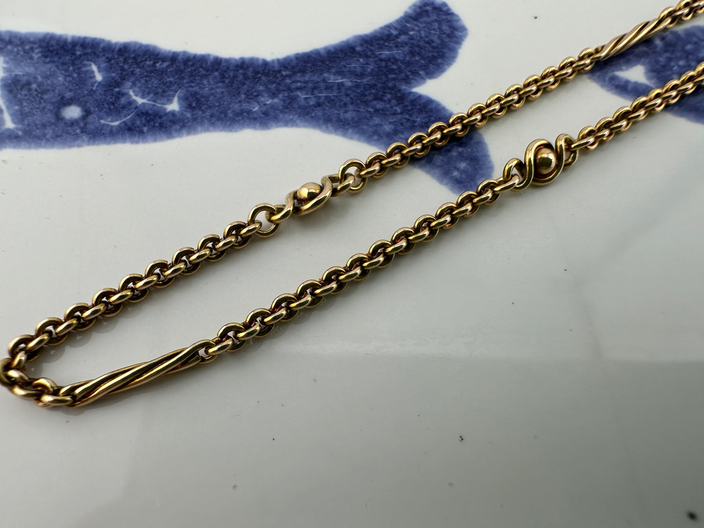 Antique 15ct Rose Gold Cable chain with Infinity Ball links and twisted bar links, plus a bolt clasp. 7.71g