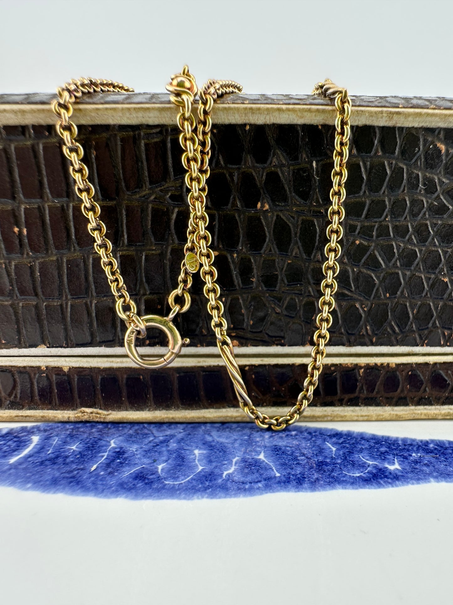 Antique 15ct Rose Gold Cable chain with Infinity Ball links and twisted bar links, plus a bolt clasp. 7.71g