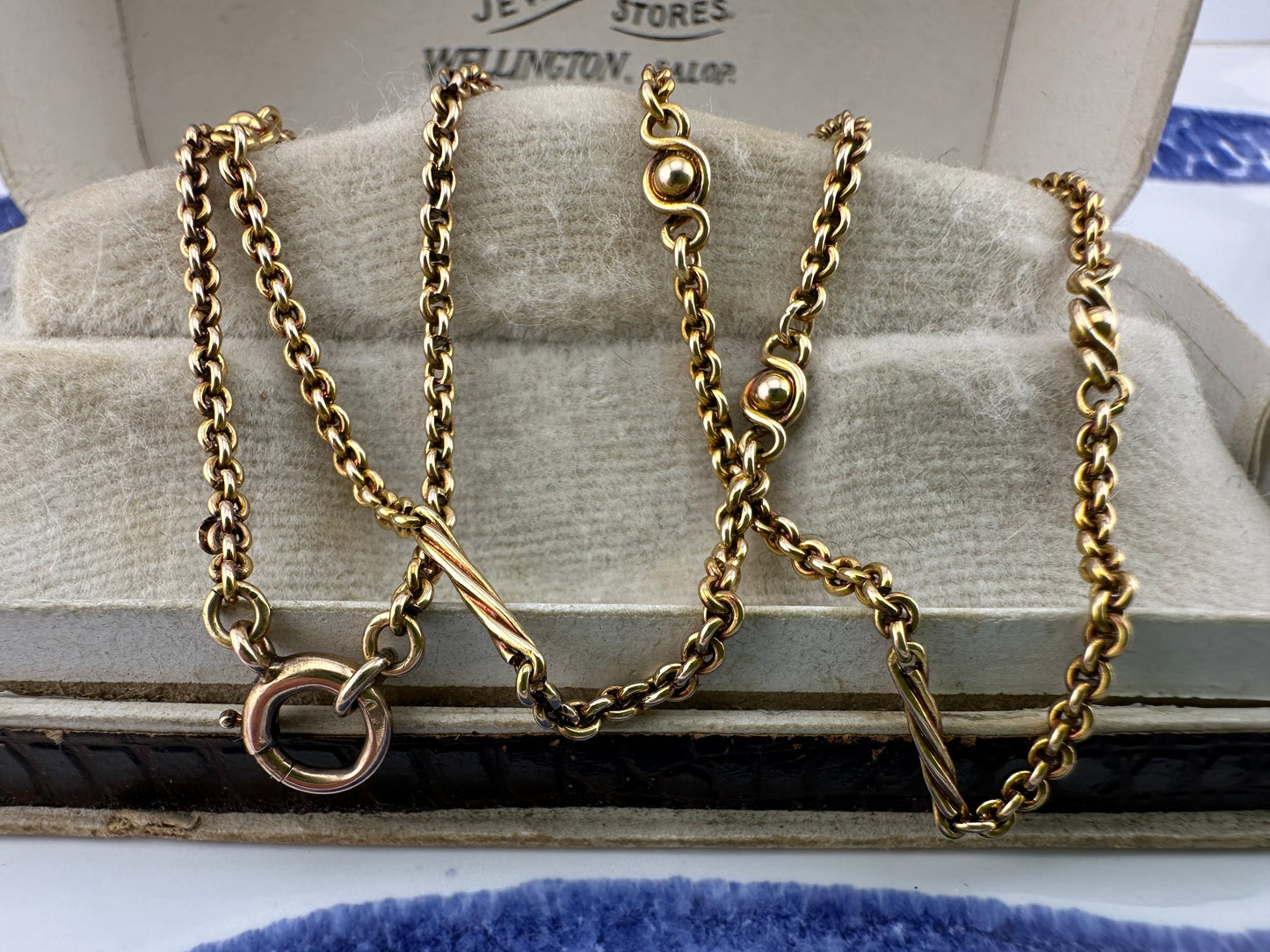 Antique 15ct Rose Gold Cable chain with Infinity Ball links and twisted bar links, plus a bolt clasp. 7.71g