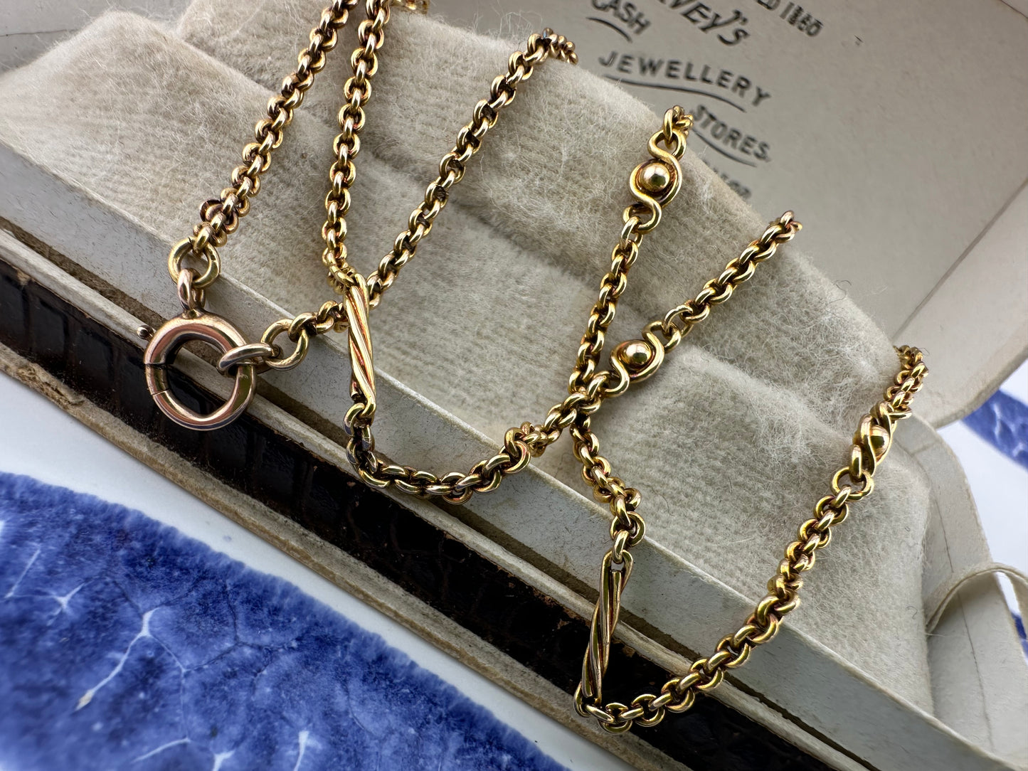 Antique 15ct Rose Gold Cable chain with Infinity Ball links and twisted bar links, plus a bolt clasp. 7.71g