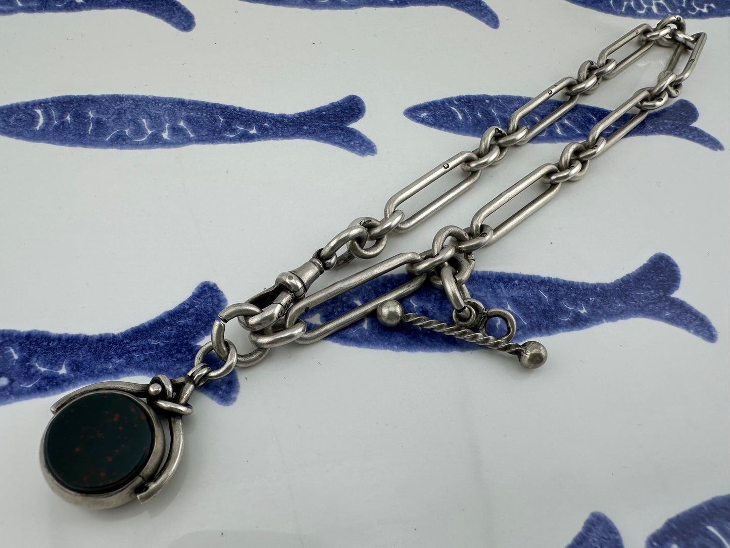 Antique Sterling Silver Trombone Albert chain with fob, 1886