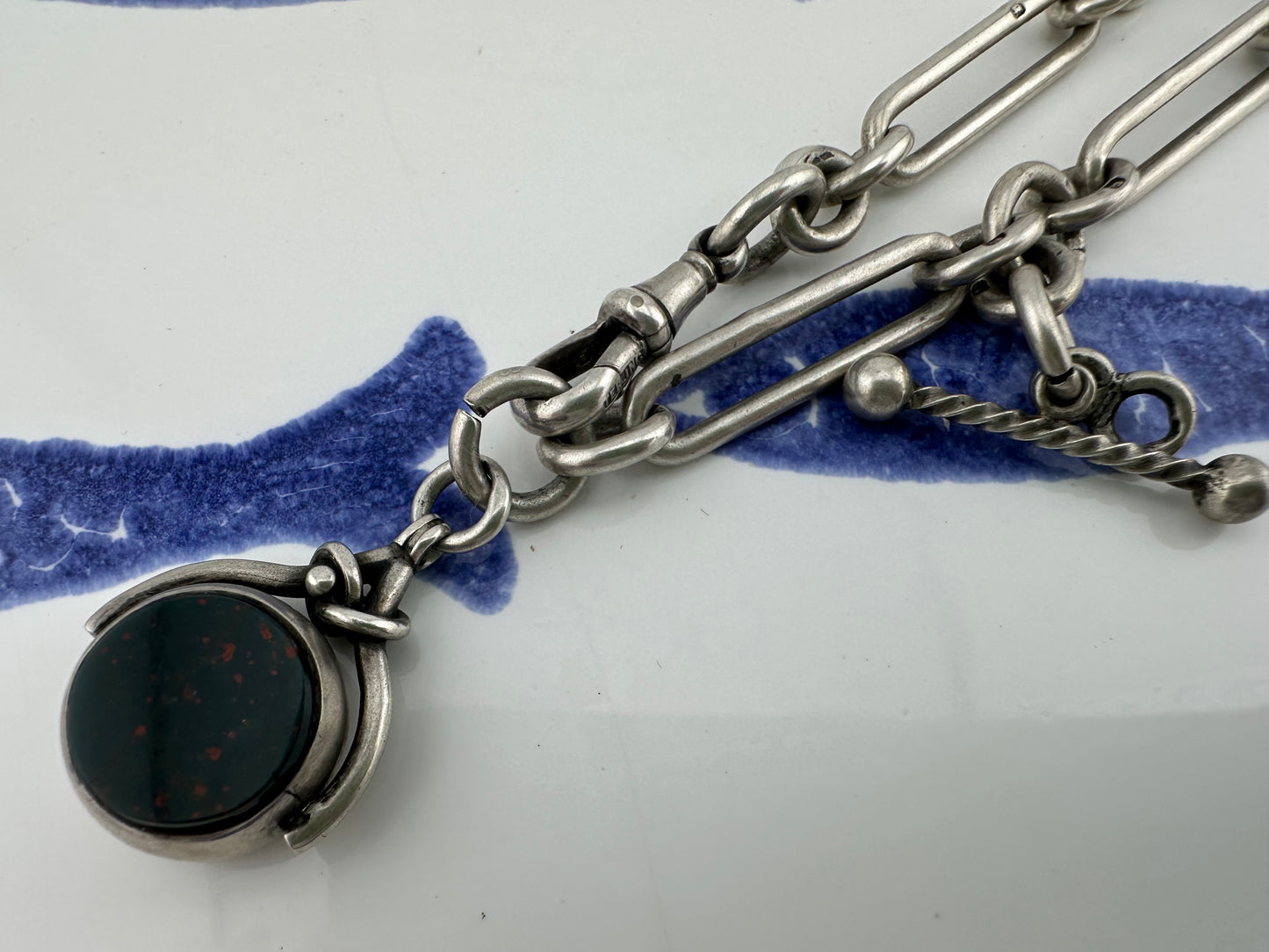 Antique Sterling Silver Trombone Albert chain with fob, 1886