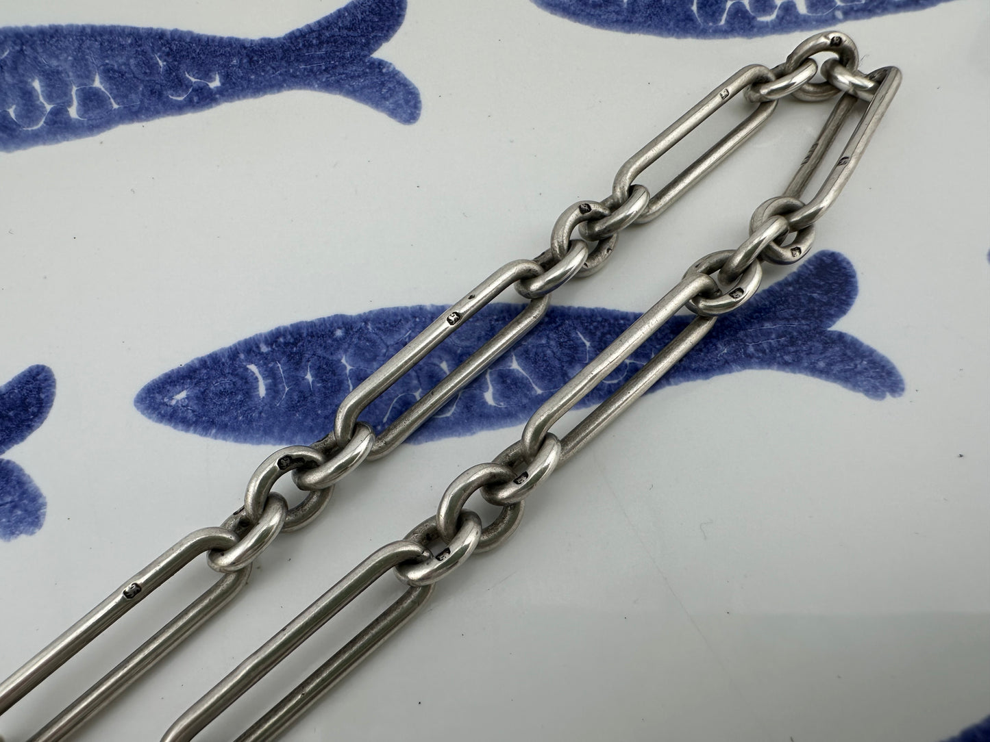 Antique Sterling Silver Trombone Albert chain with fob, 1886