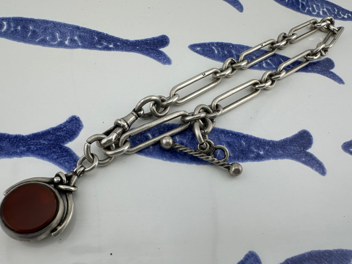 Antique Sterling Silver Trombone Albert chain with fob, 1886