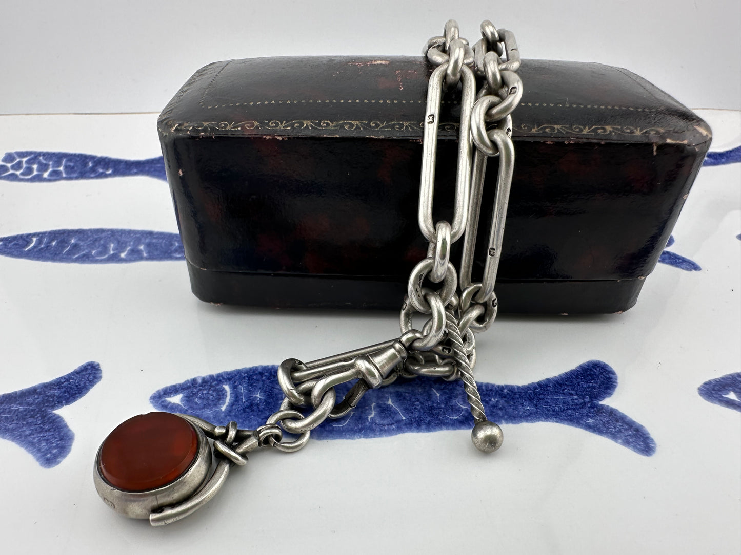 Antique Sterling Silver Trombone Albert chain with fob, 1886