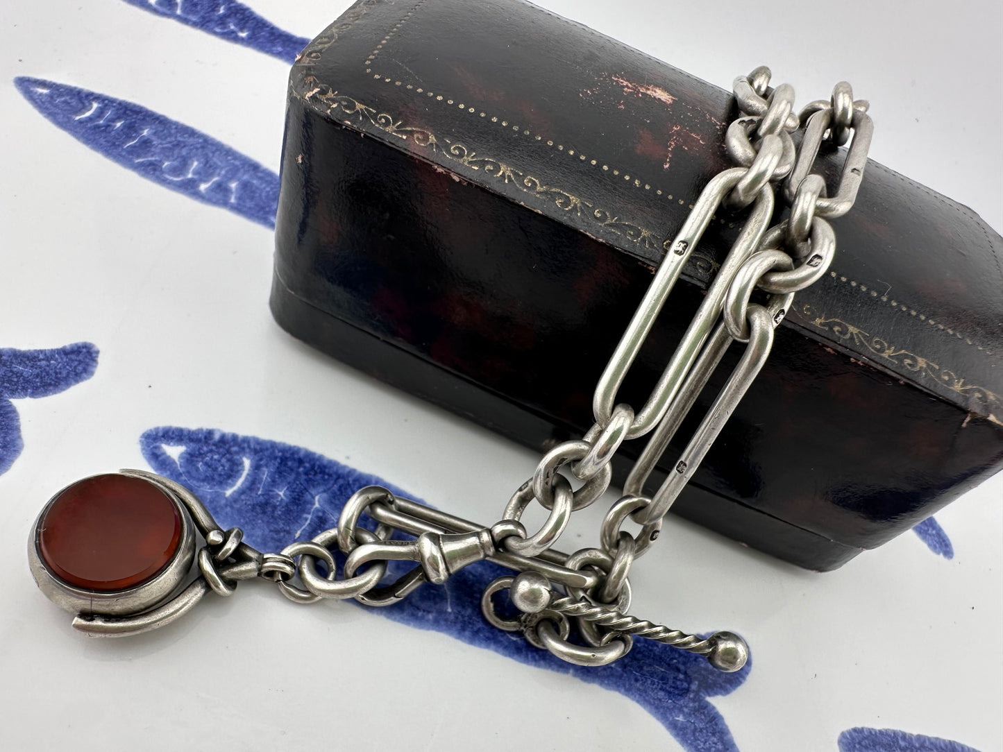 Antique Sterling Silver Trombone Albert chain with fob, 1886