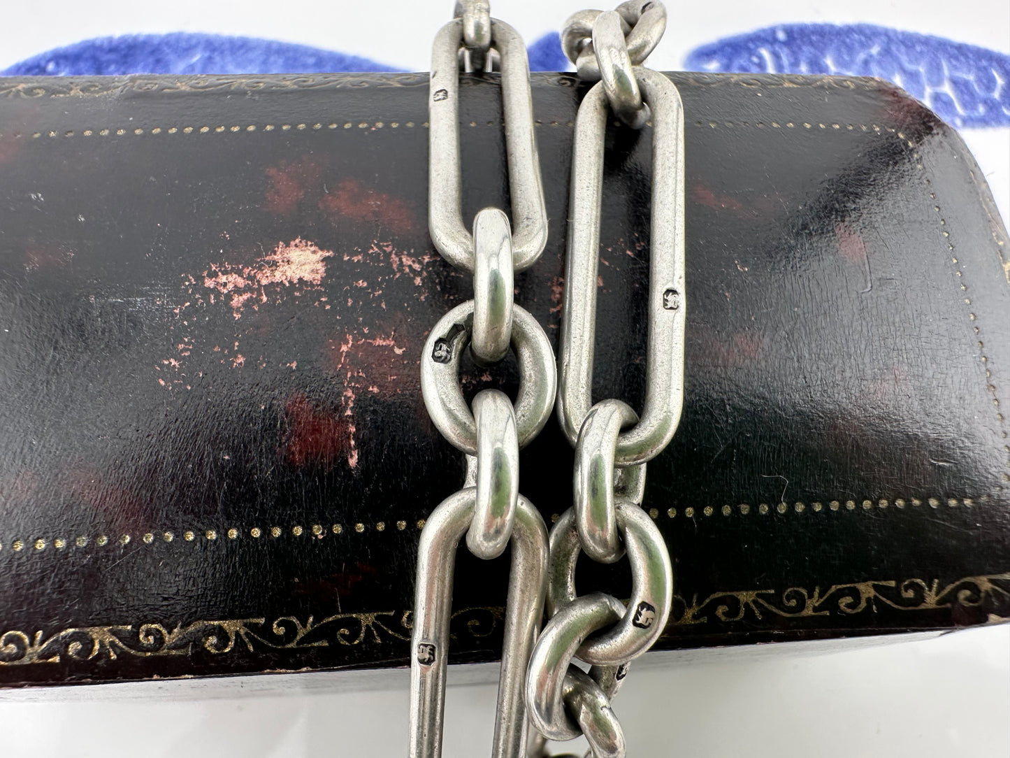 Antique Sterling Silver Trombone Albert chain with fob, 1886