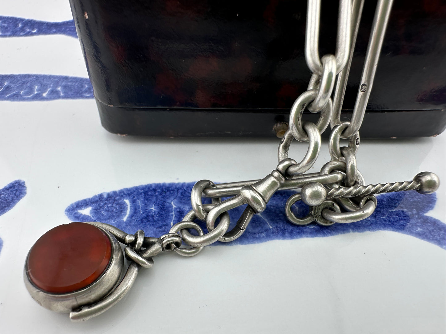 Antique Sterling Silver Trombone Albert chain with fob, 1886
