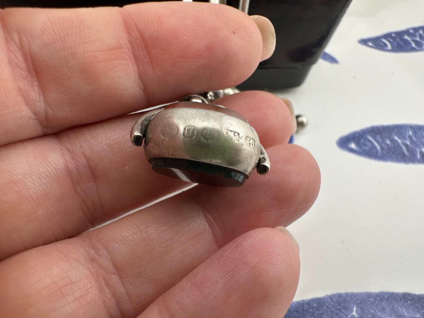 Antique Sterling Silver Trombone Albert chain with fob, 1886