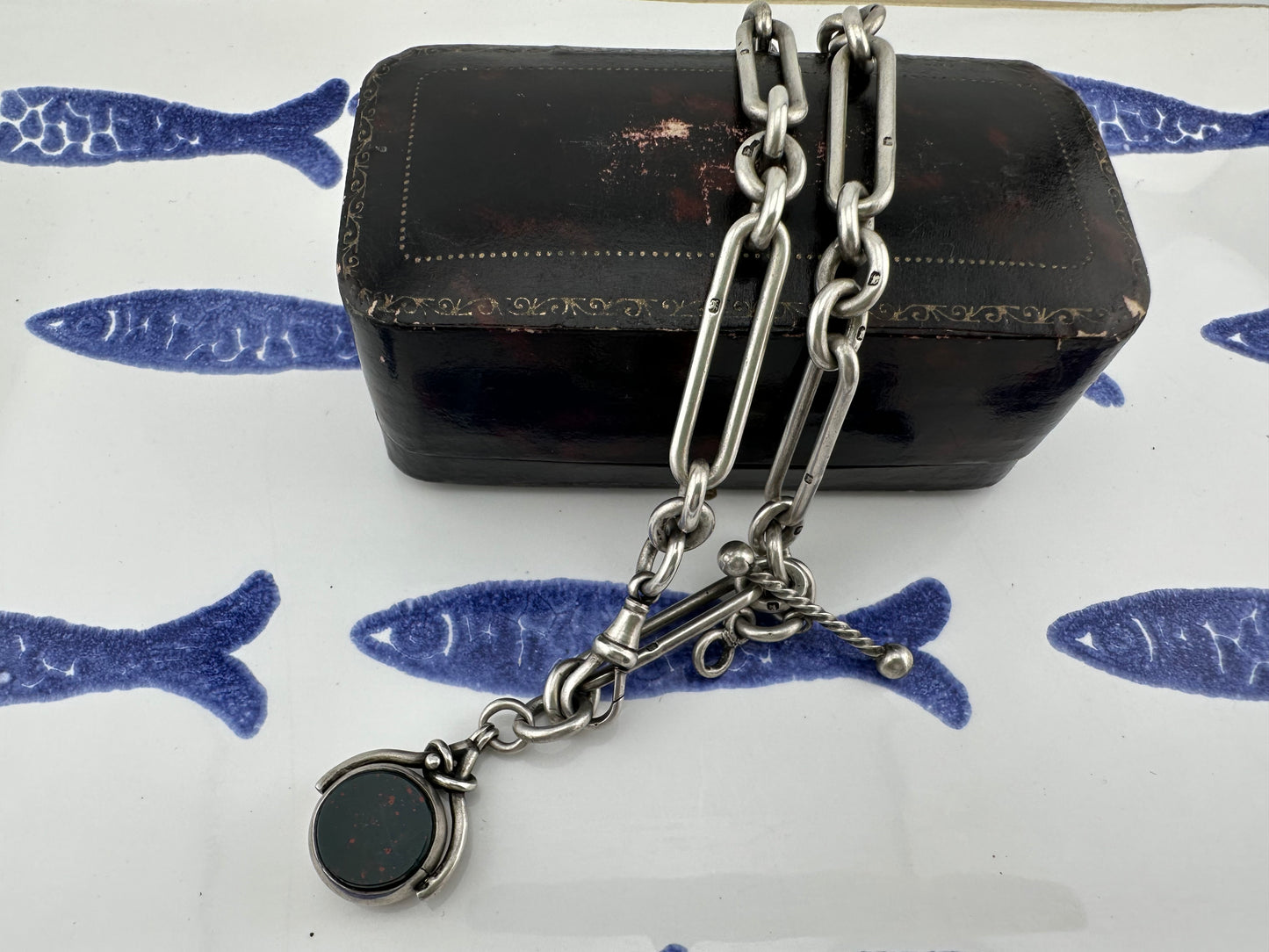 Antique Sterling Silver Trombone Albert chain with fob, 1886