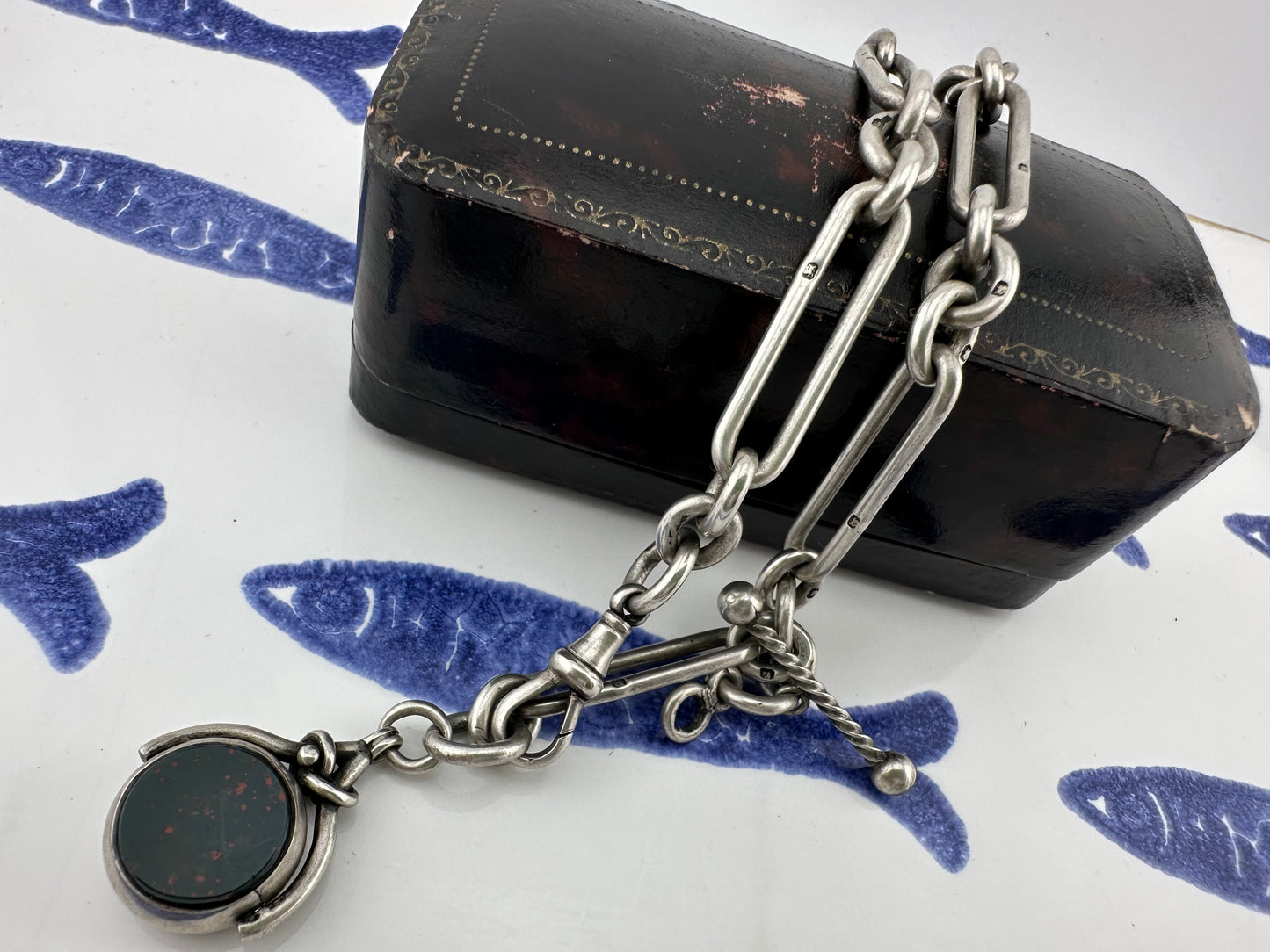 Antique Sterling Silver Trombone Albert chain with fob, 1886