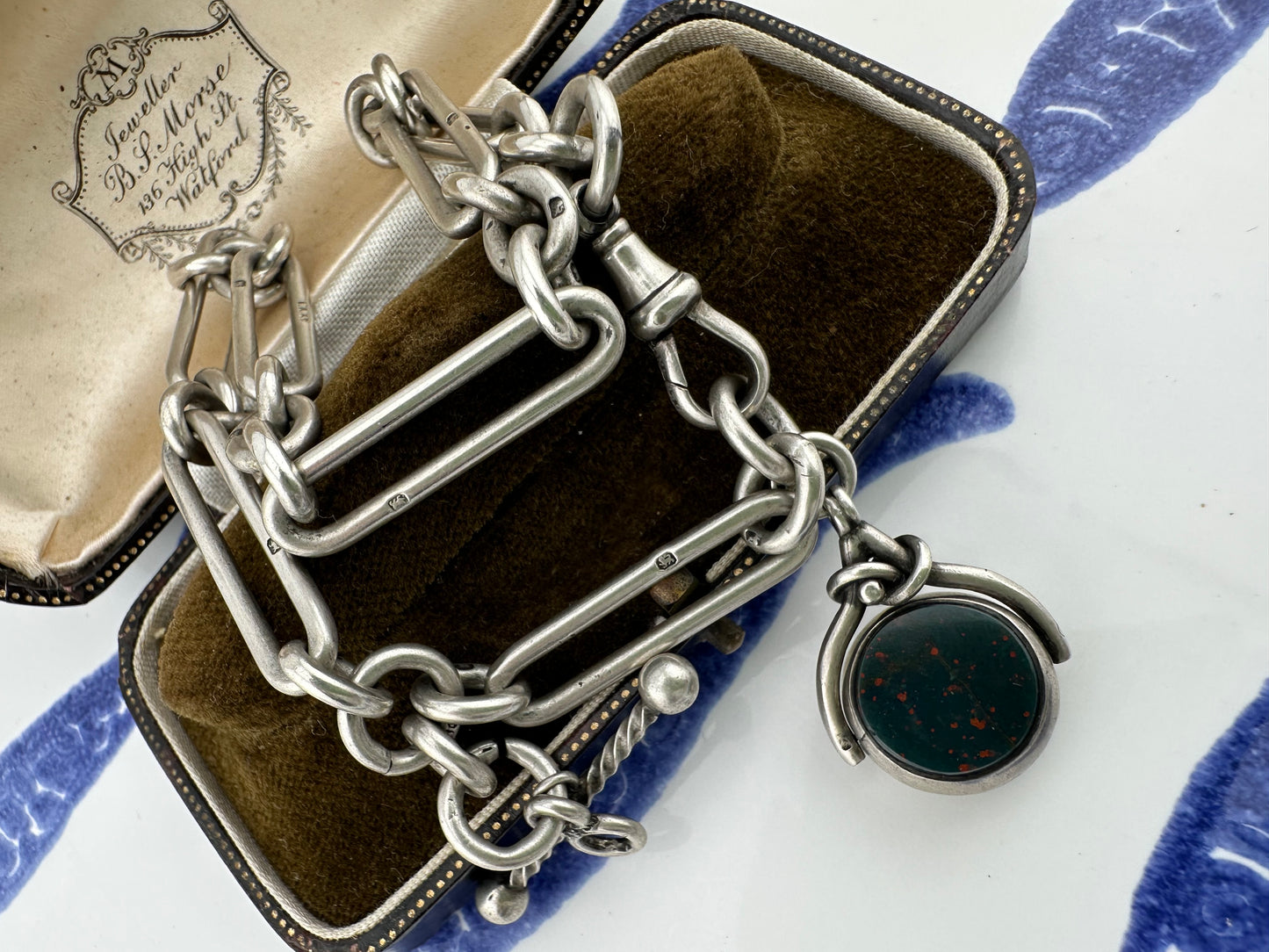 Antique Sterling Silver Trombone Albert chain with fob, 1886