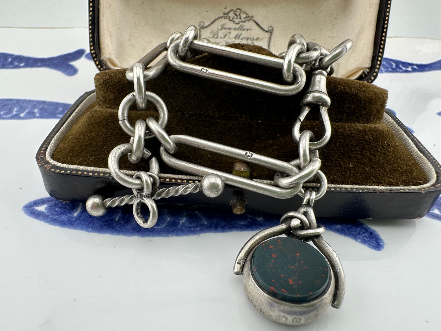 Antique Sterling Silver Trombone Albert chain with fob, 1886