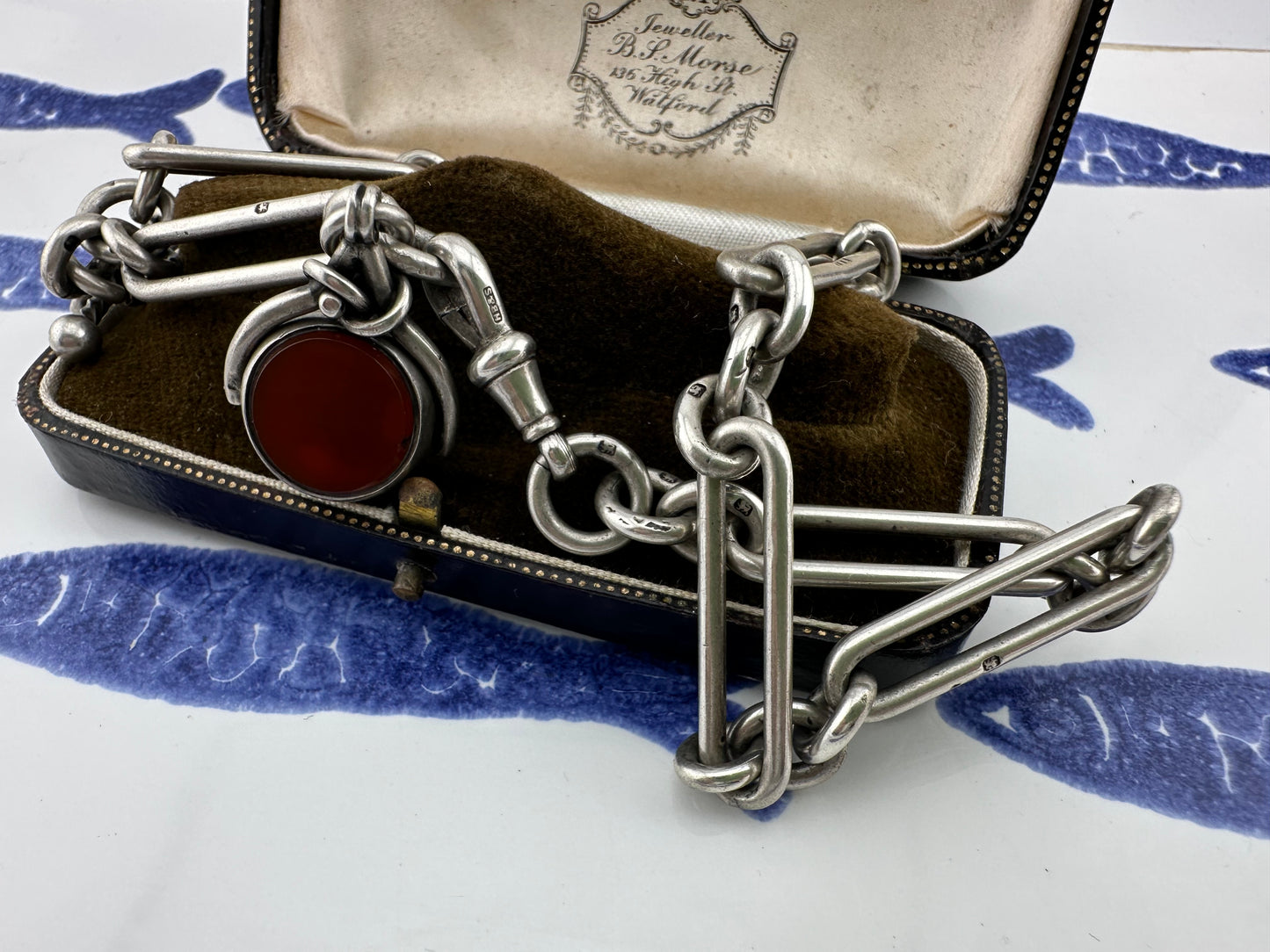 Antique Sterling Silver Trombone Albert chain with fob, 1886