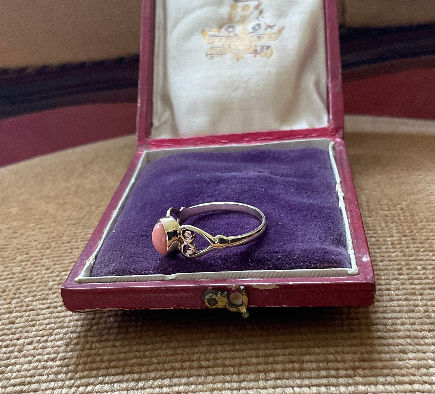Coral Cabochon Ring, 9ct Gold, Heart shaped shoulders