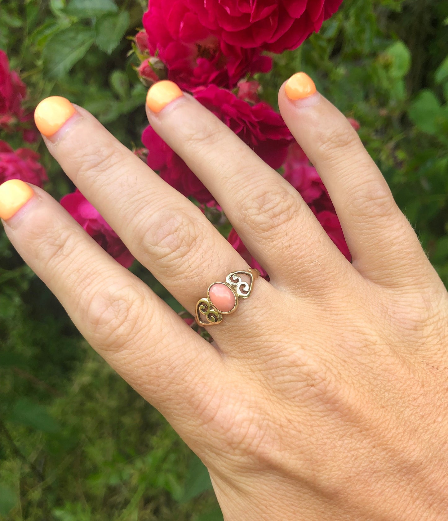 Coral Cabochon Ring, 9ct Gold, Heart shaped shoulders