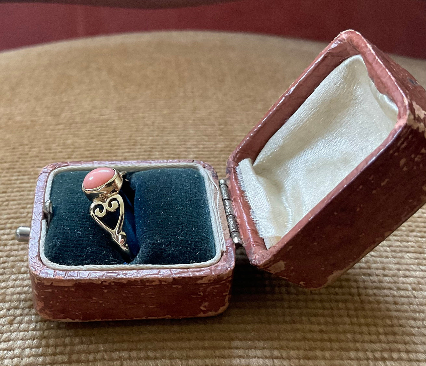 Coral Cabochon Ring, 9ct Gold, Heart shaped shoulders