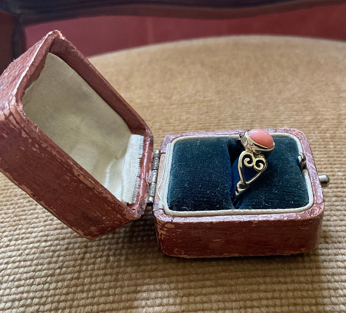 Coral Cabochon Ring, 9ct Gold, Heart shaped shoulders