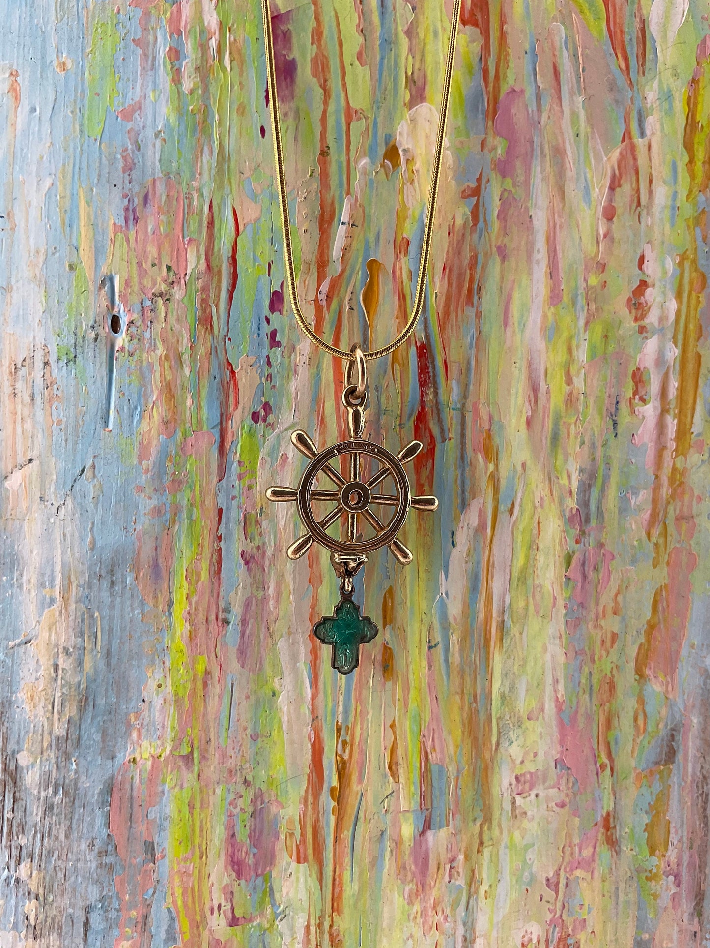 Vintage Ships wheel charm/pendant with silver green enamel cross, 1970s