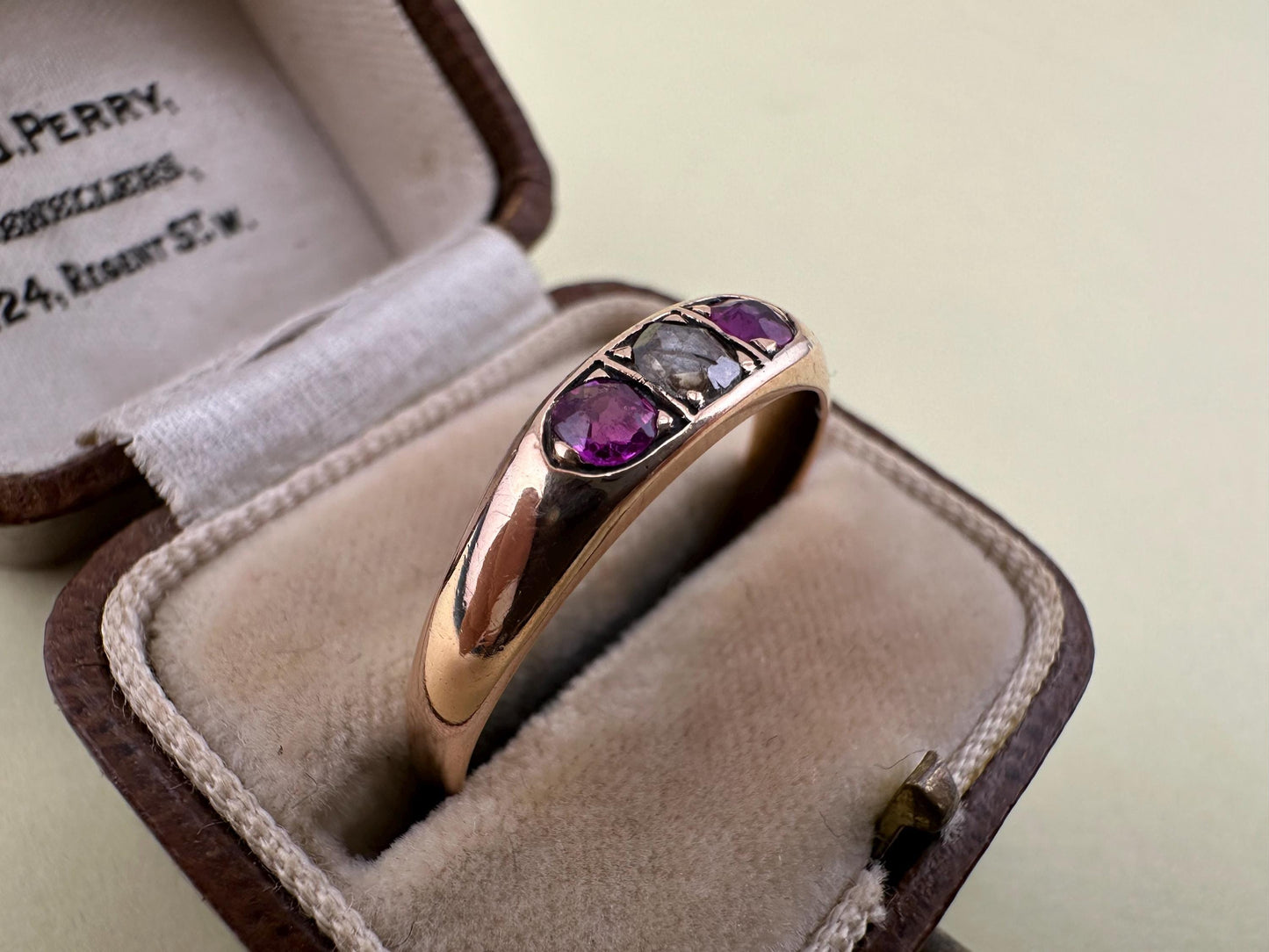 18ct rose gold rose cut Diamond & Ruby Gypsy ring