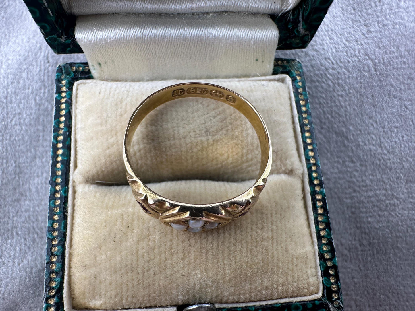 Victorian 15ct ruby & pearl gypsy ring, 1892