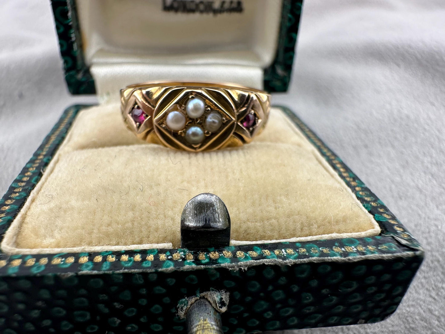 Victorian 15ct ruby & pearl gypsy ring, 1892