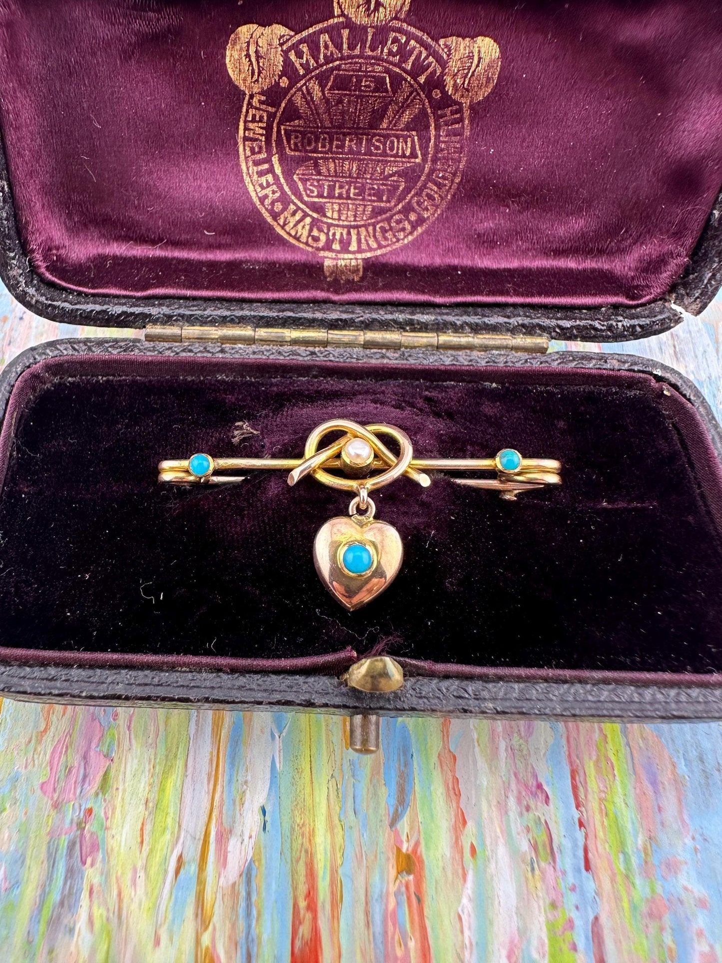 Victorian 15ct Gold Turquoise & Pearl dangle Heart safety pin brooch/extender