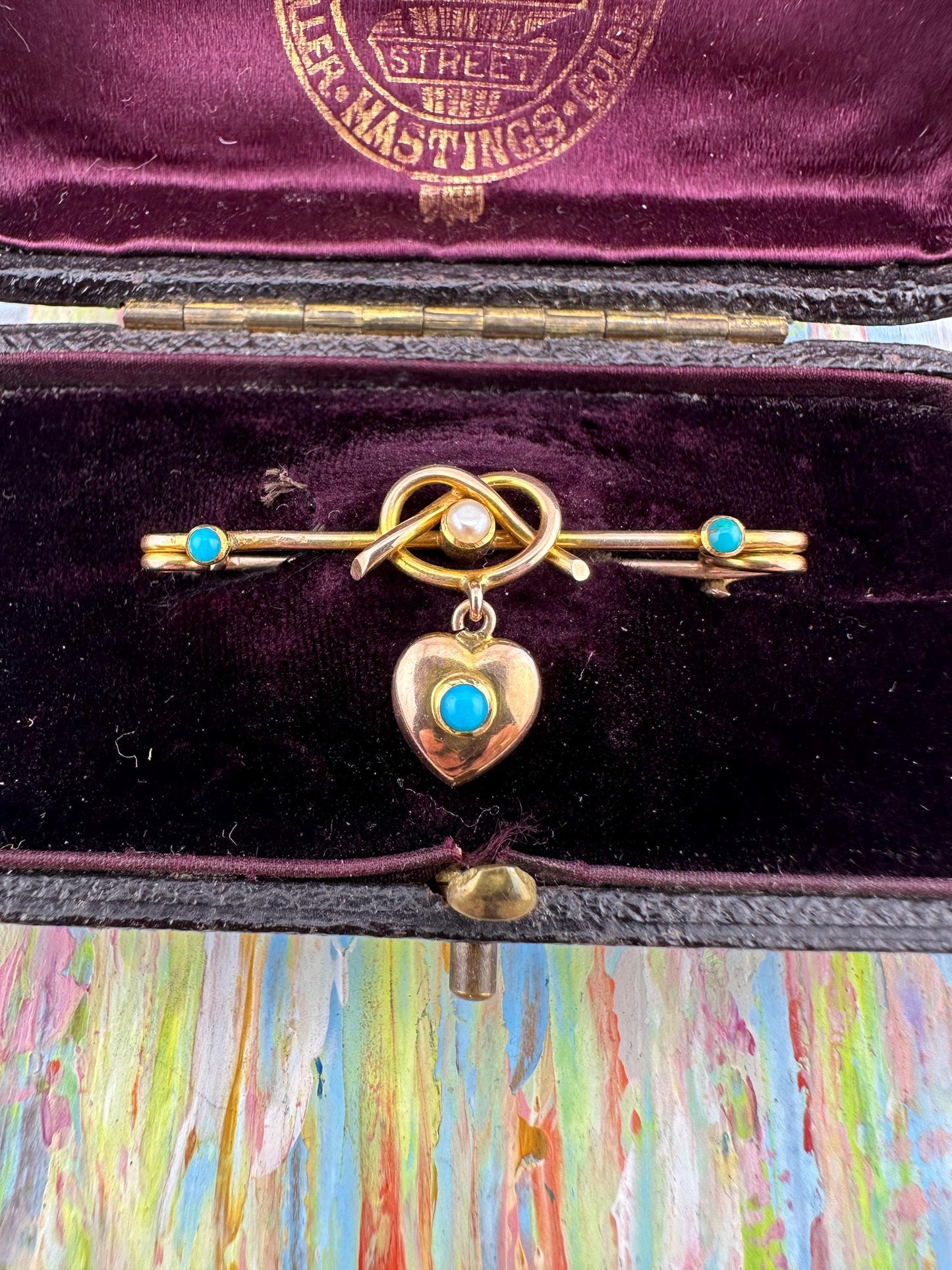 Victorian 15ct Gold Turquoise & Pearl dangle Heart safety pin brooch/extender