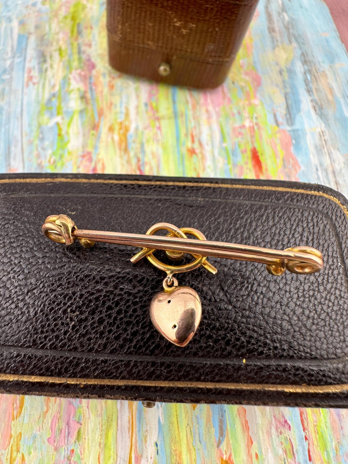 Victorian 15ct Gold Turquoise & Pearl dangle Heart safety pin brooch/extender