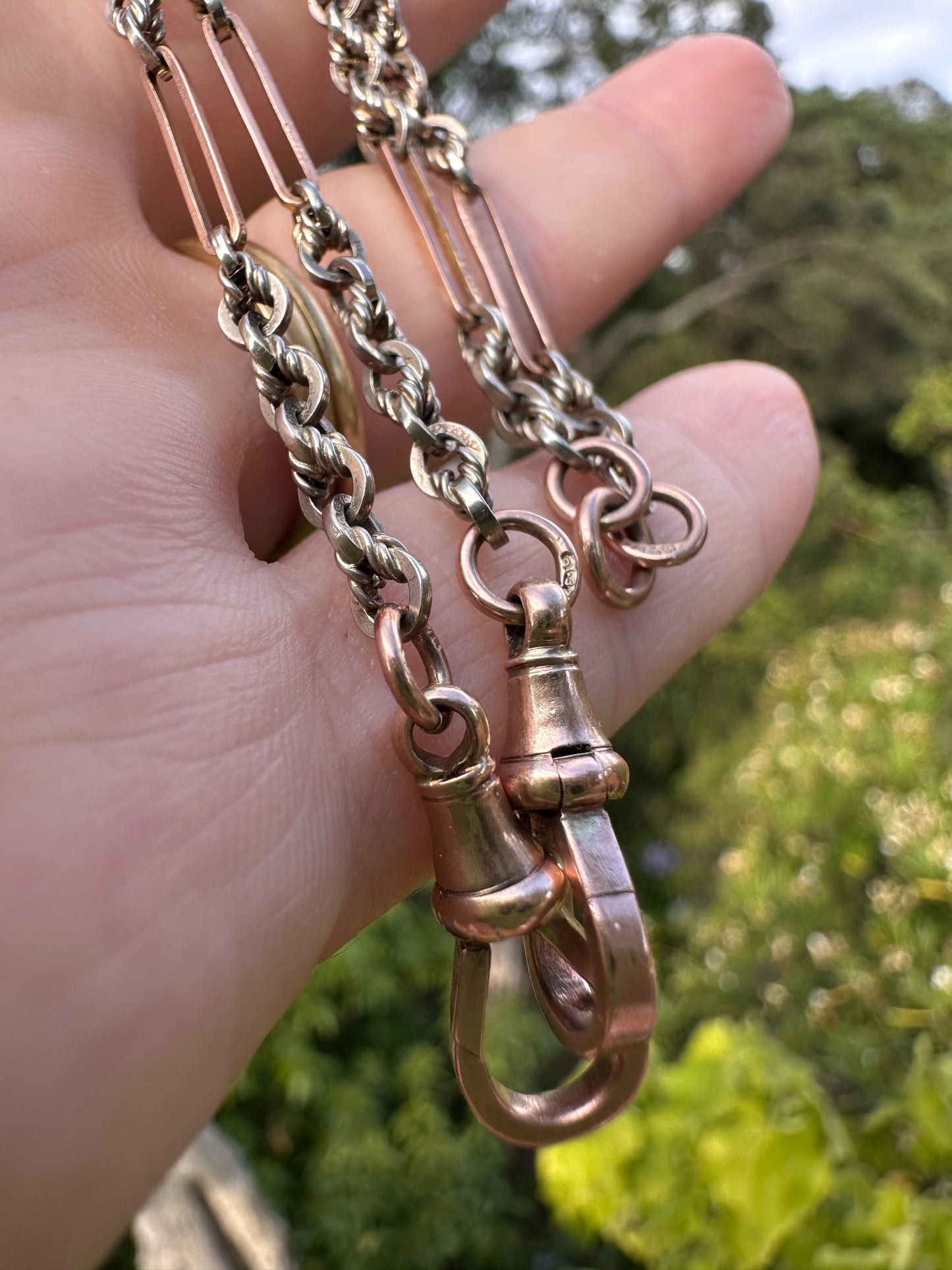 Antique 9ct Rose and White Gold Trombone and Lovers Knot chain