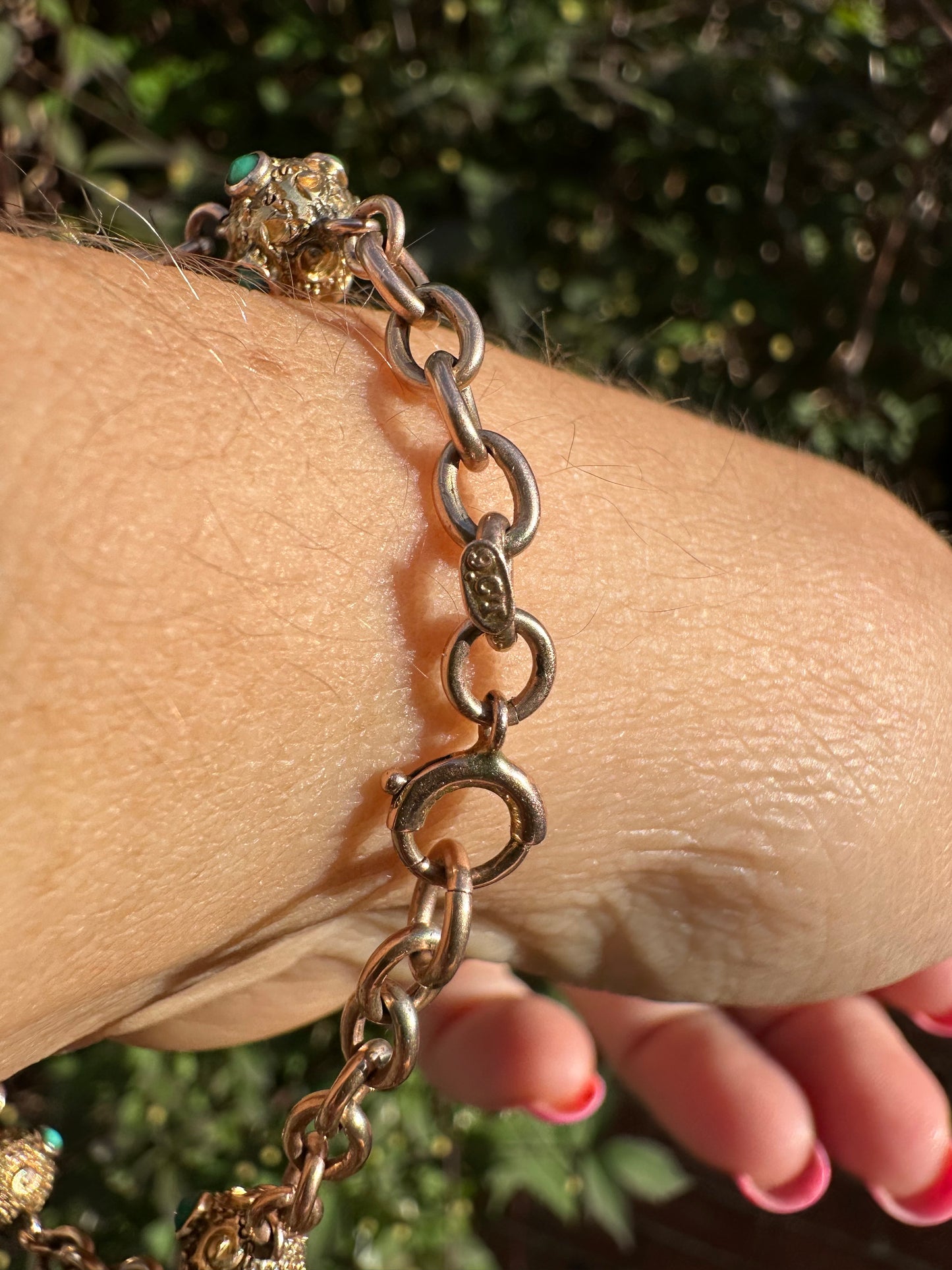 Antique 9ct Rose Gold Turquoise Orb and cable link bracelet with bolt clasp