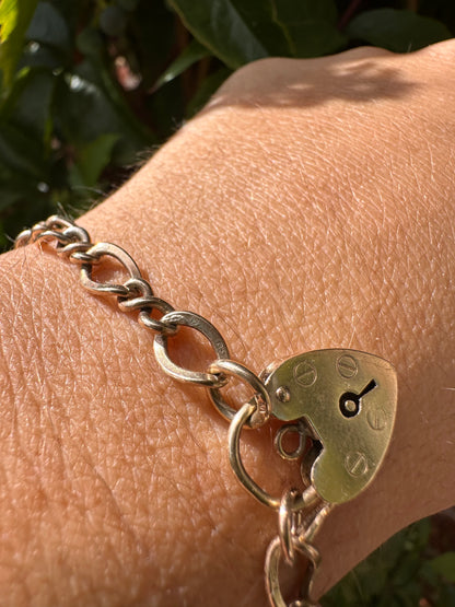 Vintage 9ct Gold Curb and Twist link bracelet with heart padlock
