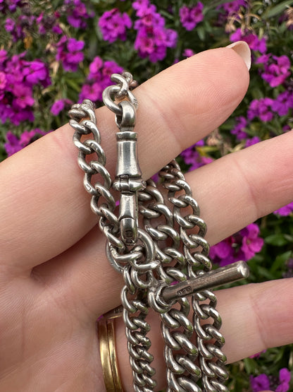 Sterling Silver Graduated Curb Albert with dog clip, fob and T-Bar