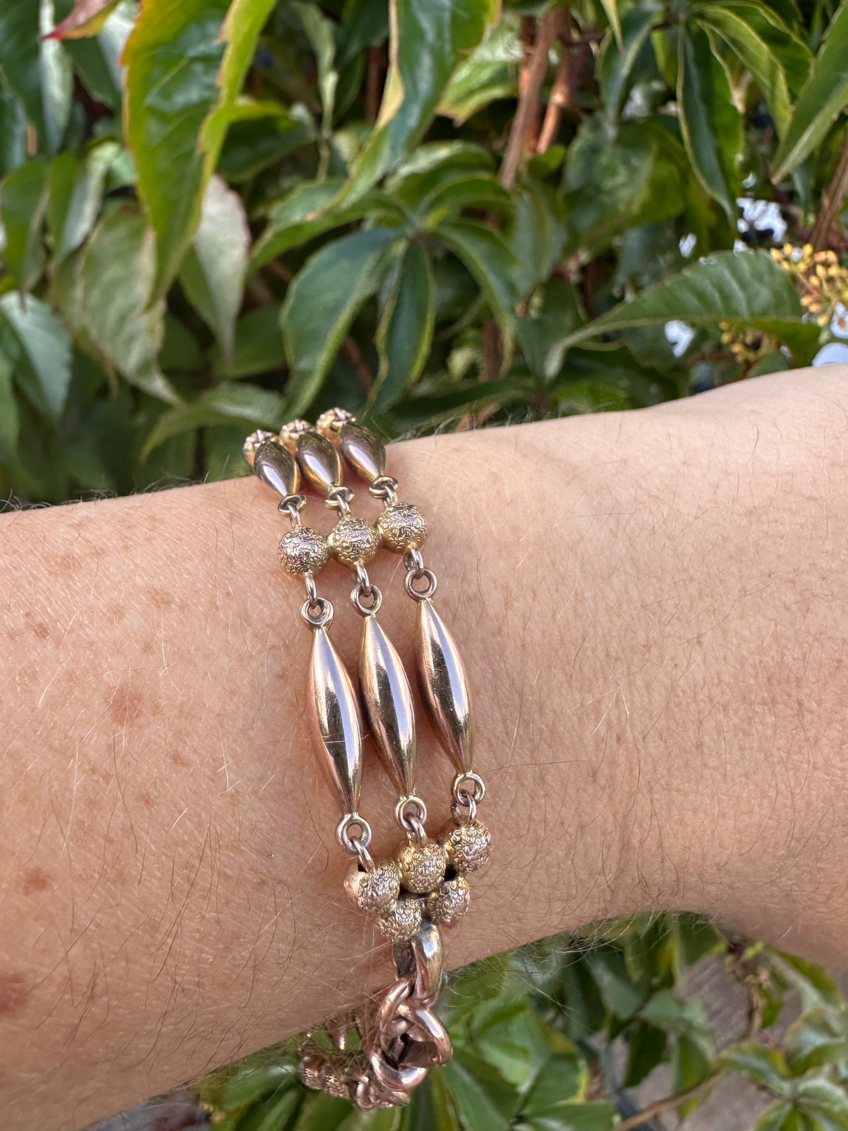 Antique 9ct Rose Gold Bead Gare bracelet with dog clip