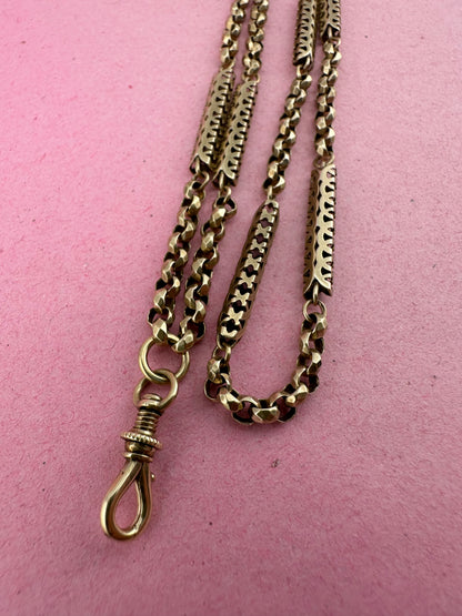 Antique 9ct Gold Fancy Bar and faceted Belcher chain with screw top dogclip