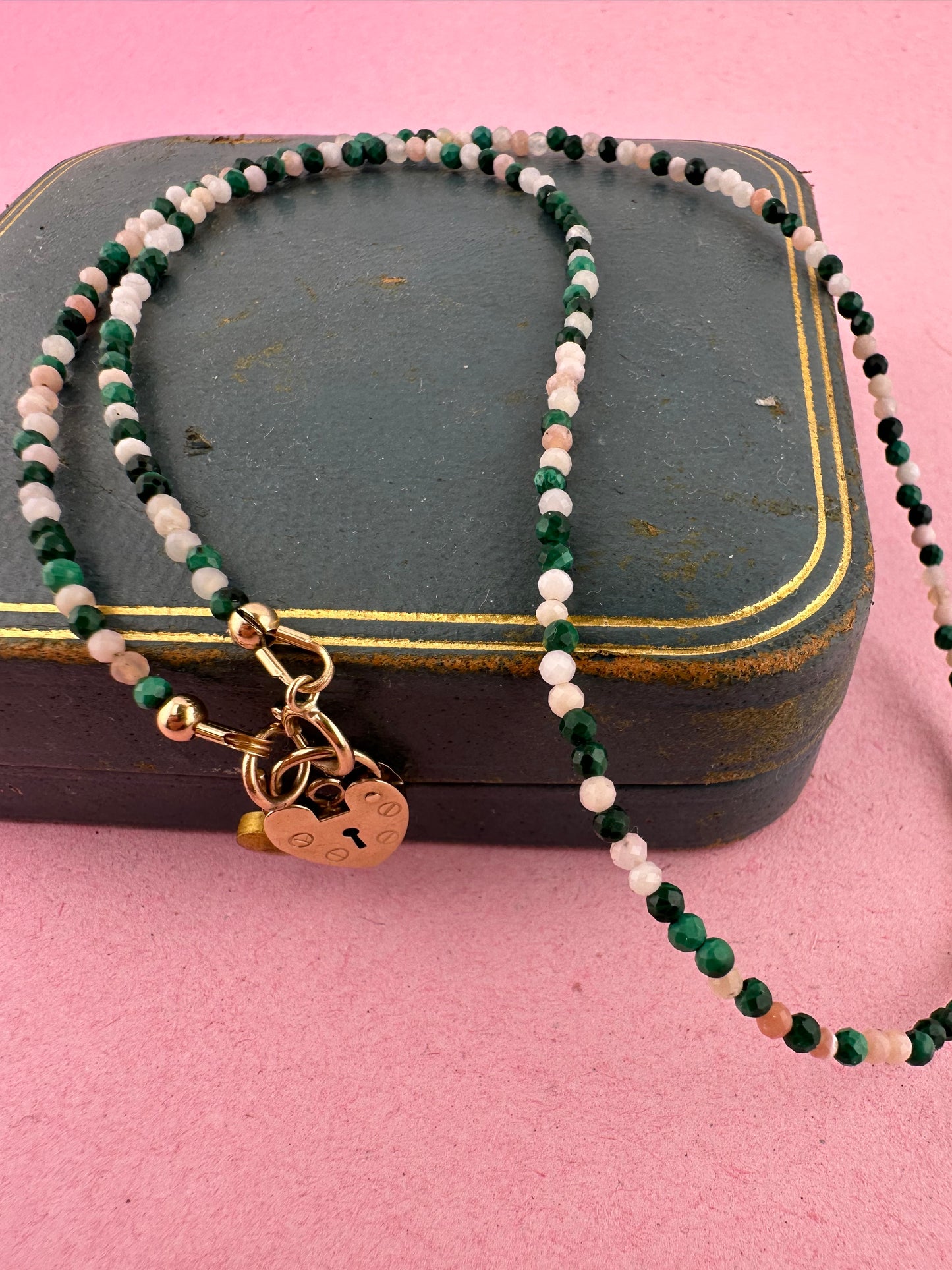 Peony- Pink Opal and Malachite mini bead necklace with vintage heart padlock