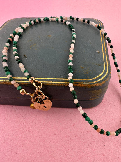 Peony- Pink Opal and Malachite mini bead necklace with vintage heart padlock