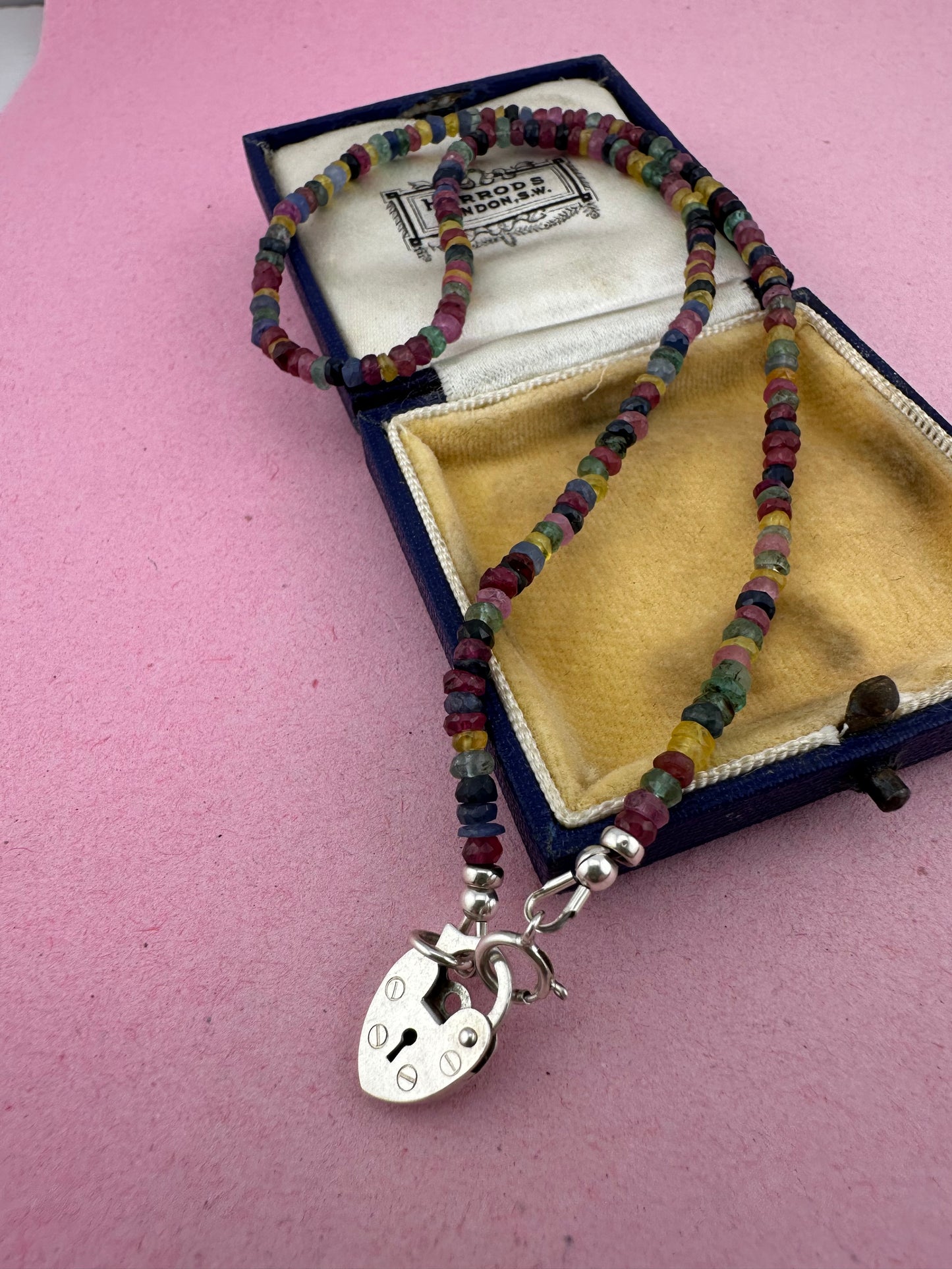 Rainbow- Mixed Gemstone Mini beaded necklace with Vintage Sterling Heart Padlock