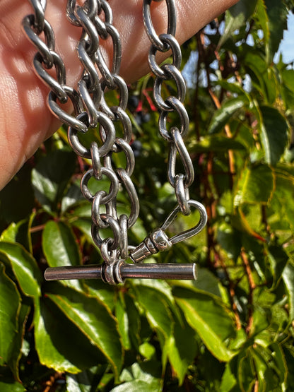 Vintage Sterling Silver Long & Short Curb Albert chain with T-bar & swivel dog clip.