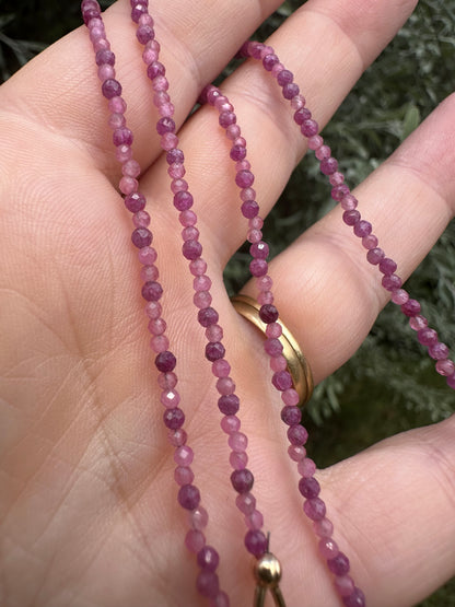 Ruby & Pink Tourmaline mix Mini beads with vintage 9ct Gold heart padlock