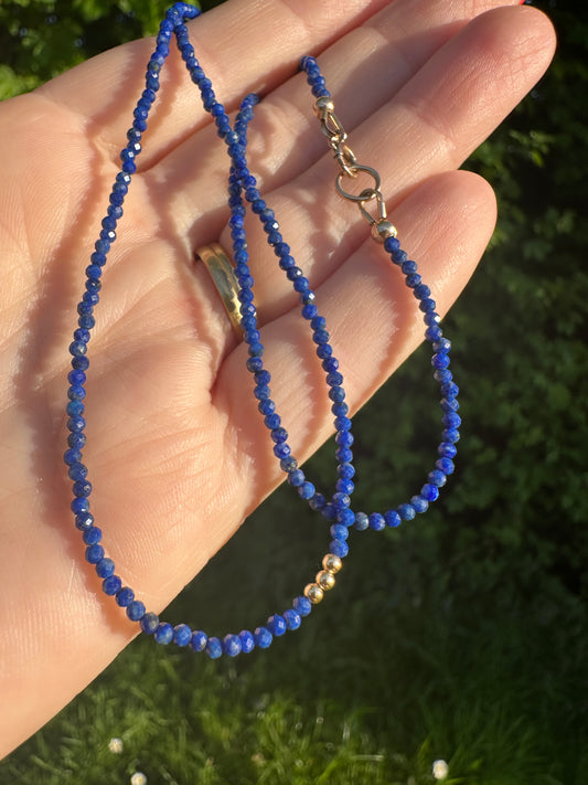 Azure- Lapis Lazuli Mini beaded necklace with asymmetrical design with 9ct antique bolt clasp.