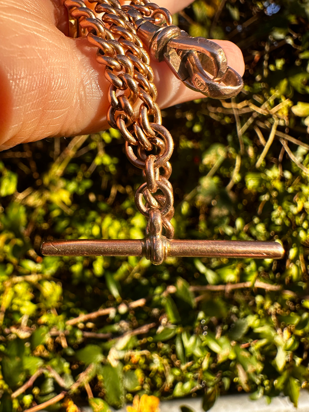 Antique 9ct Rose Gold Graduated Curb Albert chain with double faceted dog clips and fixed T-bar