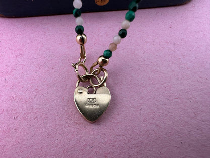 Peony- Pink Opal and Malachite mini bead necklace with vintage heart padlock