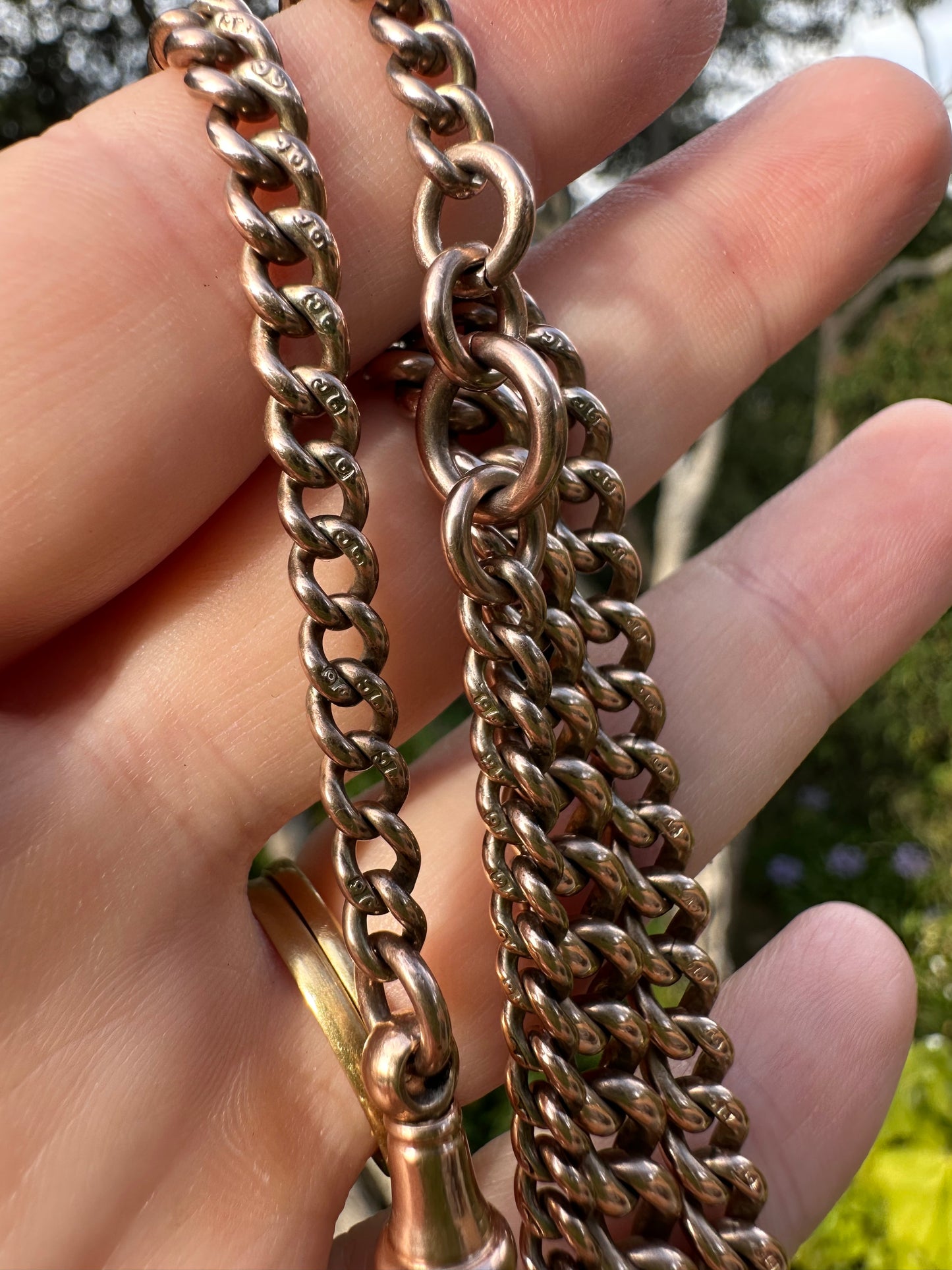 Antique 9ct Rose Gold Graduated curb Albert chain with double dog clips