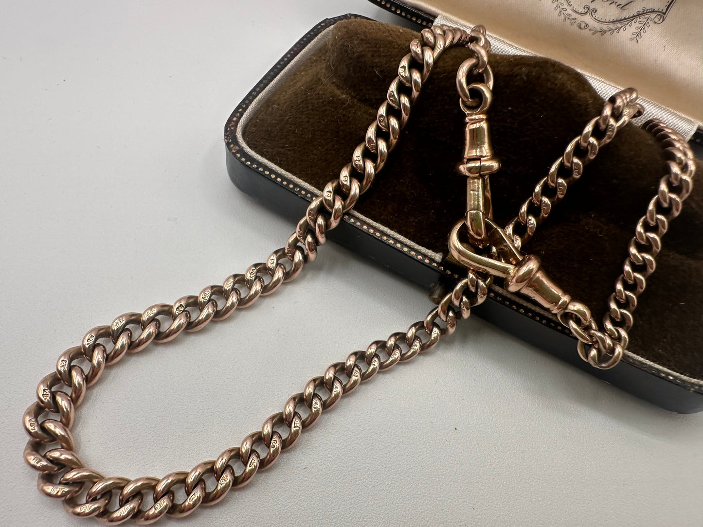 Antique 9ct Rose Gold Graduated curb Albert chain with double dog clips