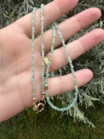 Asymmetrical Australian Chyrsoprase mini beaded necklace with 9ct Bolt clasp and oval bead