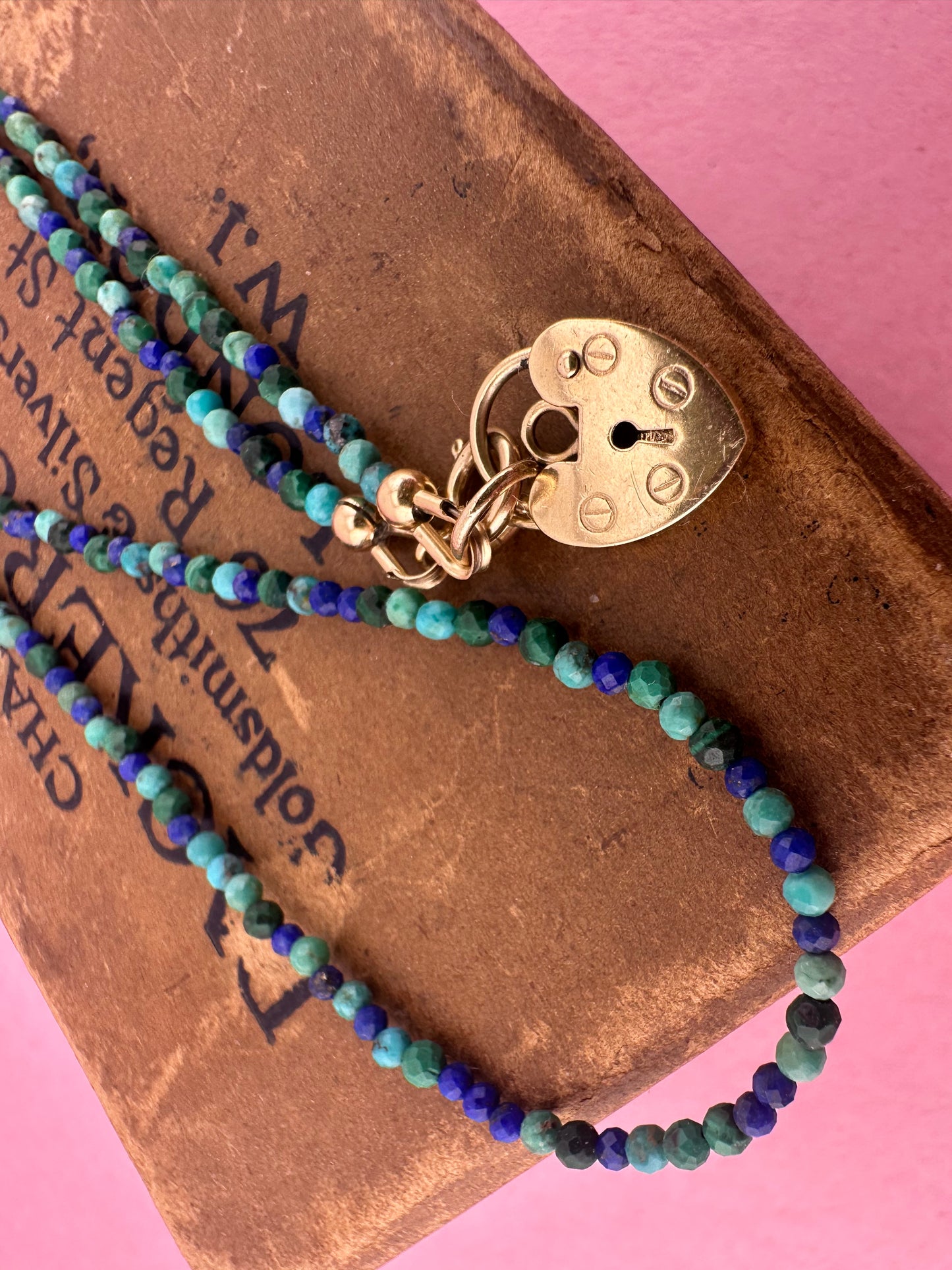Turquoise, Malachite & Lapis Lazuli Mini beads with vintage 9ct Gold Heart padlock