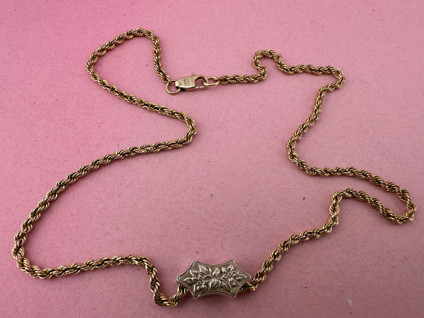 Vintage 9ct Gold Rope chain with Antique silver floral slider